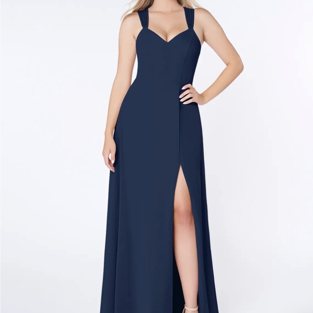 Azazie Jane Dark Navy A-line V-Neck Pleated Chiffon Bridesmaid Dress